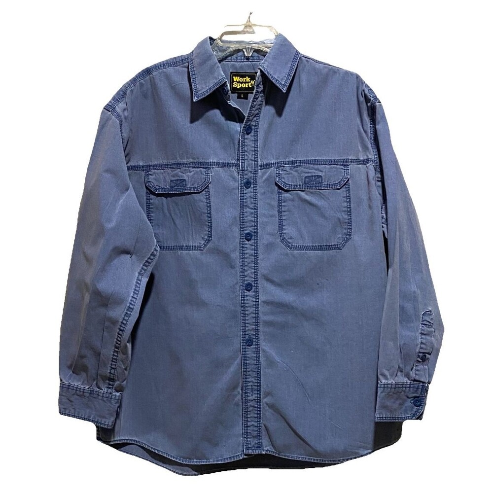 Work n Sport Mens L Denim Chambray Button Down Shirt Long Sleeve Blue Workwear